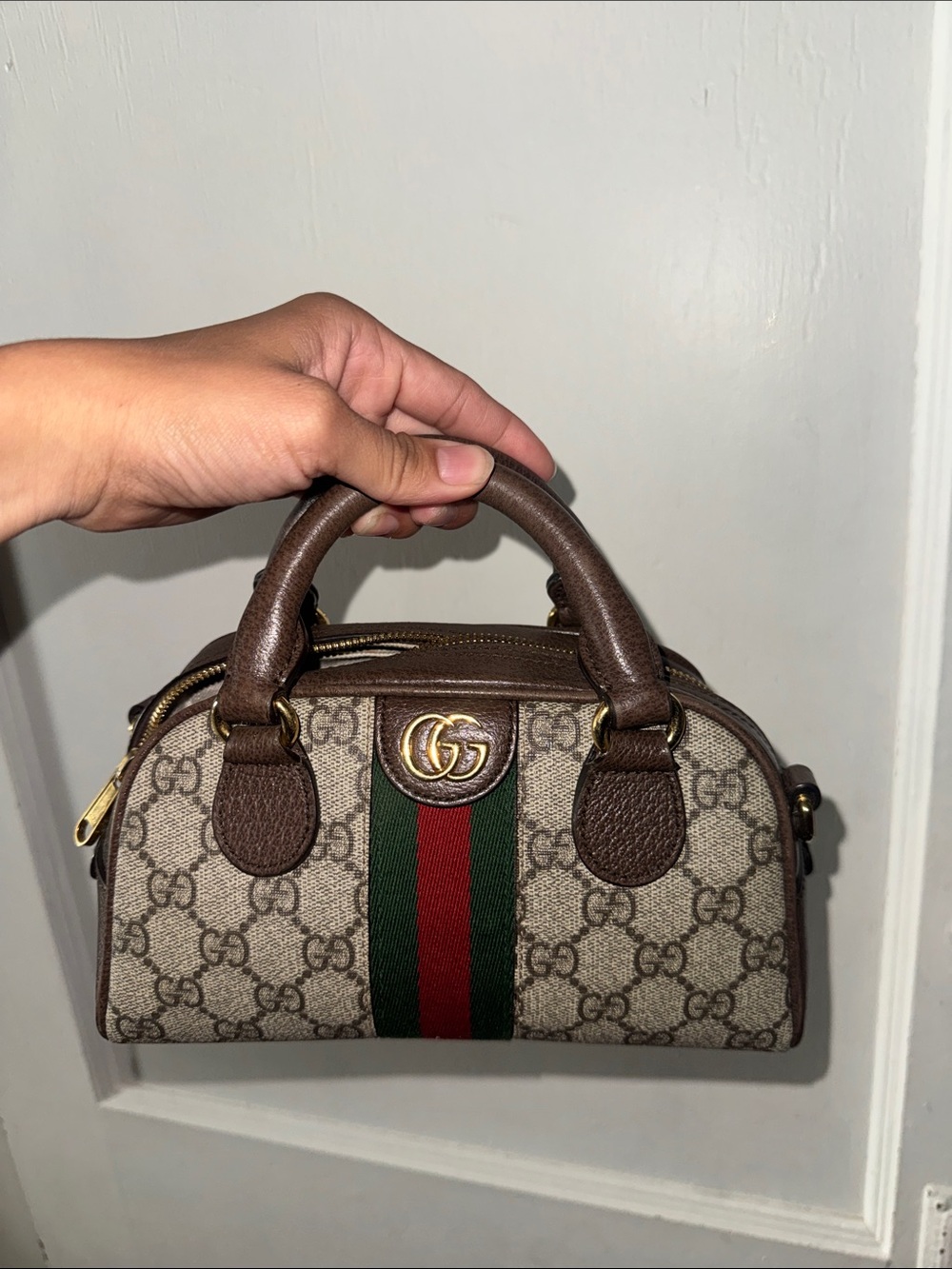 Gucci Brown Monogram Mini Top Handle with Green-Red Web